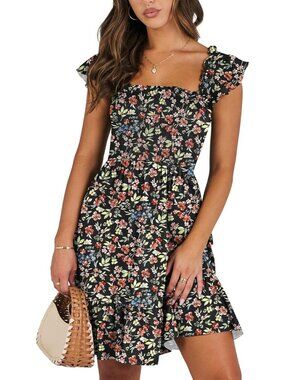 Women's Summer Sleeveless Square Neck Dress Floral Black Smocked Ruffle Backless